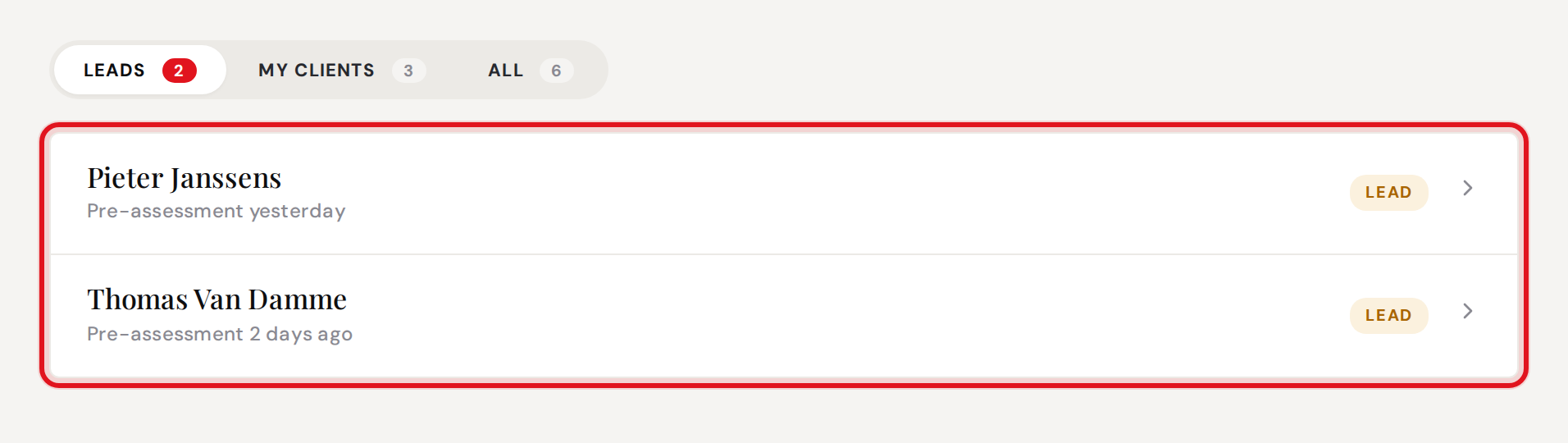 Client list rows