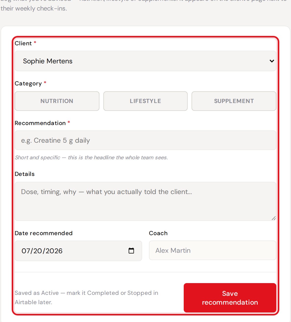 Add recommendation form