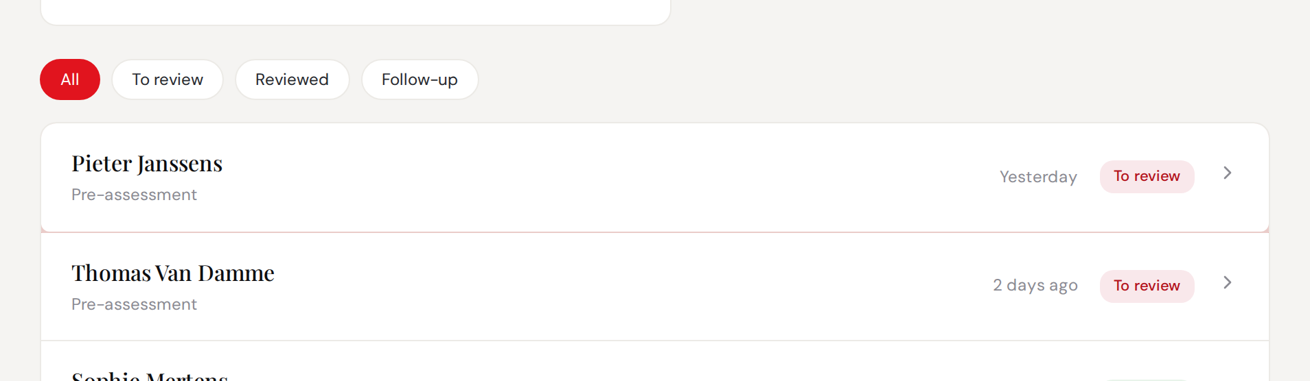 A to-review row in the assessments list